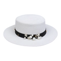 Elegant white flat top straw sun hat for women featuring black ribbon with pearls and flowers - M (56-58cm) / Pearl Flat Edge (Adult White)