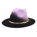 Detail of two-tone gradient purple to black wool fedora hat with gold buckle band - M (56-58cm) / Lavender + Black