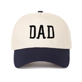 Detailed view of DAD embroidery on a two-tone contrast trucker baseball cap - Adjustable / Navy Blue