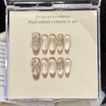 Handmade champagne gold cat eye press-on nails with 3D pearl and glitter star design - Large (L) / 625 Cat Eye Pearl Long Oval Style