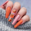 Faux ongles longs ballerine Halloween avec paillettes orange et motifs de citrouilles peints - Style de colle (CBLCY-375)
