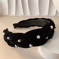 Elegant black velvet headband with scattered white pearls in a braided design for women - Braided Pearl Black