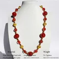 Handmade necklace with red and yellow glass beads and gold-plated brass spacers, 50cm length - Handmade Lampwork Mid-length Necklace / Amber Red Yellow Vintage