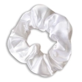 Elegant white satin scrunchie hair tie with soft silk luster and pleated elastic design - White