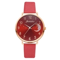 Detail of red leather quartz watch with starry dial and moon accent in rose gold case - Watch Only / Red