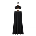 Detail of black halter maxi dress featuring waist cut-outs and brown circular accents - S / Black