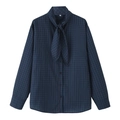 Women's loose long-sleeve dark blue plaid shirt with pussy-bow tie neck and button front - XS / Navy Blue