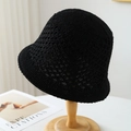 Women's black hollow-out crochet bucket hat with breathable knit pattern and vintage style - M(56-58cm) / Diamond Hollow Out (5641) / Black