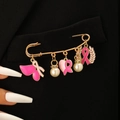 Pink ribbon breast cancer awareness safety pin brooch with pearls on black suit lapel - Gold Wheat Ribbon Style (G-048)