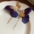 Vintage jewelry set: Purple embroidered butterfly earrings with gold tassels and crystals - Asymmetrical Butterfly Tassel Earrings with Zircon and Pearl