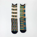 Sheer glass silk crew socks featuring asymmetrical geometric patterns in navy and yellow - One Size / Black Square