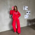 Women's vintage red two-piece tracksuit with half-zip sweatshirt and wide-leg joggers - S / Red