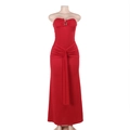 Close-up of red bodycon tube dress featuring V-neck detail and draped waist pleats - S / Red