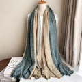 Japanese style teal and beige striped cotton linen scarf with soft tassel edges - Dark Green and Khaki