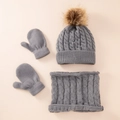 Grey cable knit winter set for kids featuring a pom pom hat, neck warmer, and mittens - Grey 3-Piece Set