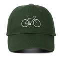 Detail of white bicycle embroidery and reinforced stitching on dark green cotton cap - Army Green