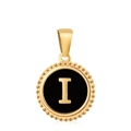 Golden 18K letter I pendant with black enamel finish and granular beaded edge - Letter I