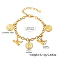 18k gold plated stainless steel bracelet with Queen Elizabeth coins and letter K charm - Gold-Letter K
