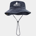 Detail of outdoor sun hat with mountain embroidery and adjustable windproof cord - Adjustable / Navy Blue