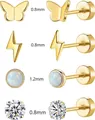 Detailed size chart showing gauge thickness for butterfly, lightning, and opal stud earrings - Assorted Styles Set