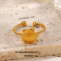 Golden stainless steel open ring with twisted rope band and seashell charm - Twisted Rope Shell Open Ring (1266)