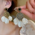Detail of vintage gold earrings with beaded mandala discs and white shell-textured petals - Regular-Gold-White (15# Silver Earring Post)