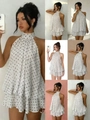 White halter neck chiffon mini dress with black polka dots and tiered ruffle hem - XS / White with Black Polka Dots
