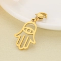 Detailed view of a golden Hamsa hand pendant with a lobster clasp on textured fabric - 22X15mm Eye Pattern Hamsa Hand Style(KLJ6997-Z) / Gold