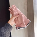 Pink faux suede winter gloves with grey plush cuffs and bow decoration for women - Pink