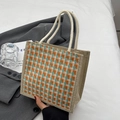 Small linen handbag with orange and cyan woven patterns and white rope handles - Zipper Style / Orange