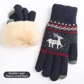 Navy blue knitted touch screen gloves with white reindeer pattern and thick fleece lining - Double Layer Fleece Elk Style / Navy Blue