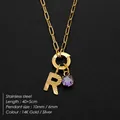 Durable stainless steel necklace with gold letter R pendant and a purple crystal charm - Letter R Style (Steel) / Silver