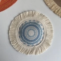 Handwoven round cream cotton placemat with blue geometric pattern and fringe trim - 17cm Sky Blue Floral Coaster Style 8