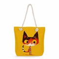 Detail of a yellow canvas tote bag featuring thick cotton rope handles and a cat illustration - Bright Yellow Big Eye Cat (msk1215)