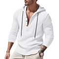 Men's white long sleeve hooded linen shirt with V-neck buttons and drawstring - S / Tops / White