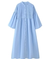 Detalle de vestido de ramio azul claro con pliegues frontales y mangas farol - S / Azul Cielo