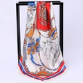Silk satin square scarf featuring nautical anchor and sailboat print in red, white and blue - Sailboat Anchor Red (SD90-06-4)