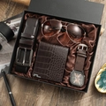Men gift set with brown alligator pattern watch, wallet, belt and gold sunglasses in box - 8139 Coffee Style (ZHM4-A04084-2)