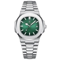 Mens ultra-thin waterproof silver steel watch with green dial and date display - Silver Case Green Dial Steel Band