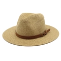 Close-up of straw Panama hat featuring a brown suede band with metal buckle detail - M (56-58cm) / Dark Khaki