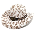 Detail of plush leopard print cowboy hat featuring a leather band with a metal steer buckle - M (56-58cm) / Straight Top / White