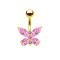 Golden butterfly navel ring featuring pink marquise crystals on a white background - Gold Pink Zircon Butterfly