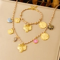 Gold leopard head and heart charm necklace and bracelet set on beige leather - Panther Rose Brown White Rope Set (N3614B1791)