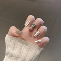 Short square press-on nails with grey-gold cat-eye effect and rhinestone accents - By1723 Spotted Moonlight / Phototherapy Glue Style