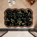 French style absorbent bathroom mat with wavy edges and green leaf patterns on dark wood - Dark Leaf Silhouette - Wave / 40*60cm (2.5mm Diatom Mud)