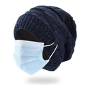 Dark blue and grey mixed knit beanie with buttons for mask attachment relief - Navy Blue With Buttons