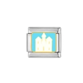 Dettaglio del charm modulare in acciaio con castello bianco su smalto azzurro chiaro - Motivo Castello Bianco (HA-256)