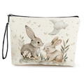 Beige canvas makeup bag with watercolor rabbit illustration and black wrist strap - Snuggling Double Bunnies (Style 4)