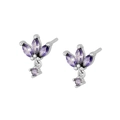 Macro shot of silver stud earrings featuring purple marquise and round zircon stones - Purple Silver