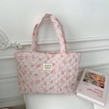 Borsa tote rosa trapuntata con simpatico motivo a orso e doppi manici da donna - Coniglio dei fiori rosa
